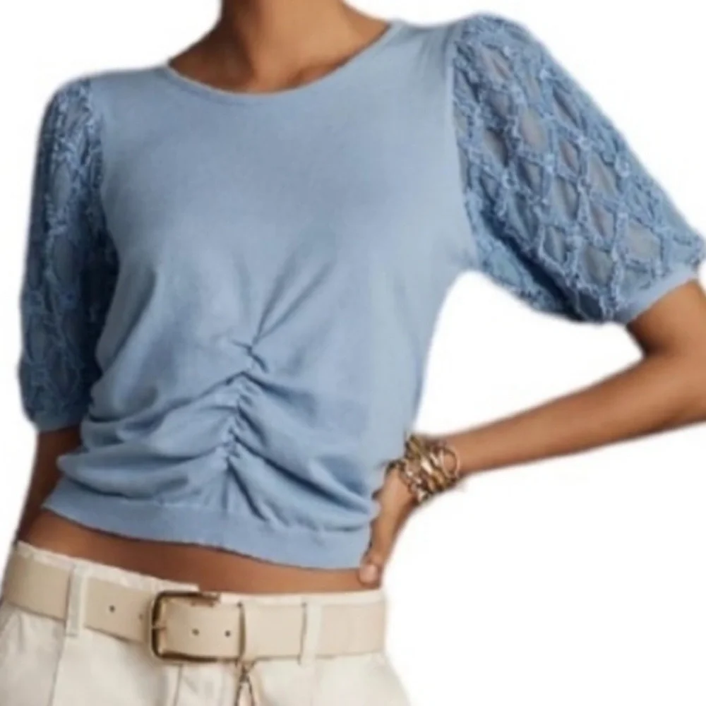NWT ANTHROPOLOGIE Ruched Short Sleeve Lace Puff Sleeve Crop Top Size Medium